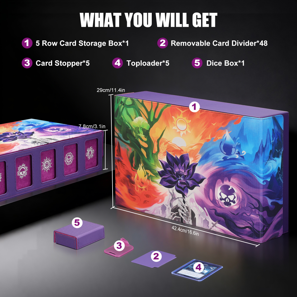 Trading Card Storage Box with Commander Display , 5-Row Deck Case with Removable Lid; 3900+ Card Deck Box for MTG TCG Sports Card, 5 Toploaders, 5 Stoppers, 48 Dividers,1 Dice Tray (Black Purple)