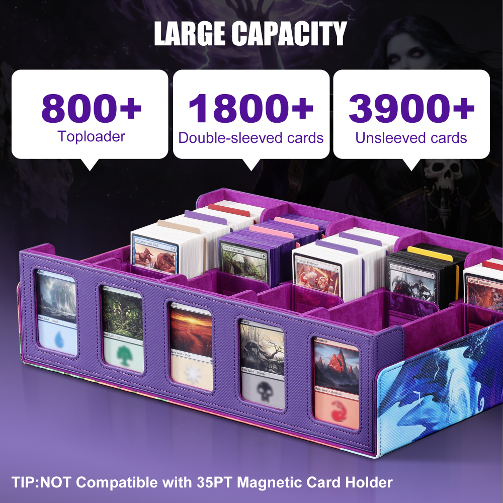 Trading Card Storage Box with Commander Display , 5-Row Deck Case with Removable Lid; 3900+ Card Deck Box for MTG TCG Sports Card, 5 Toploaders, 5 Stoppers, 48 Dividers,1 Dice Tray (Black Purple)