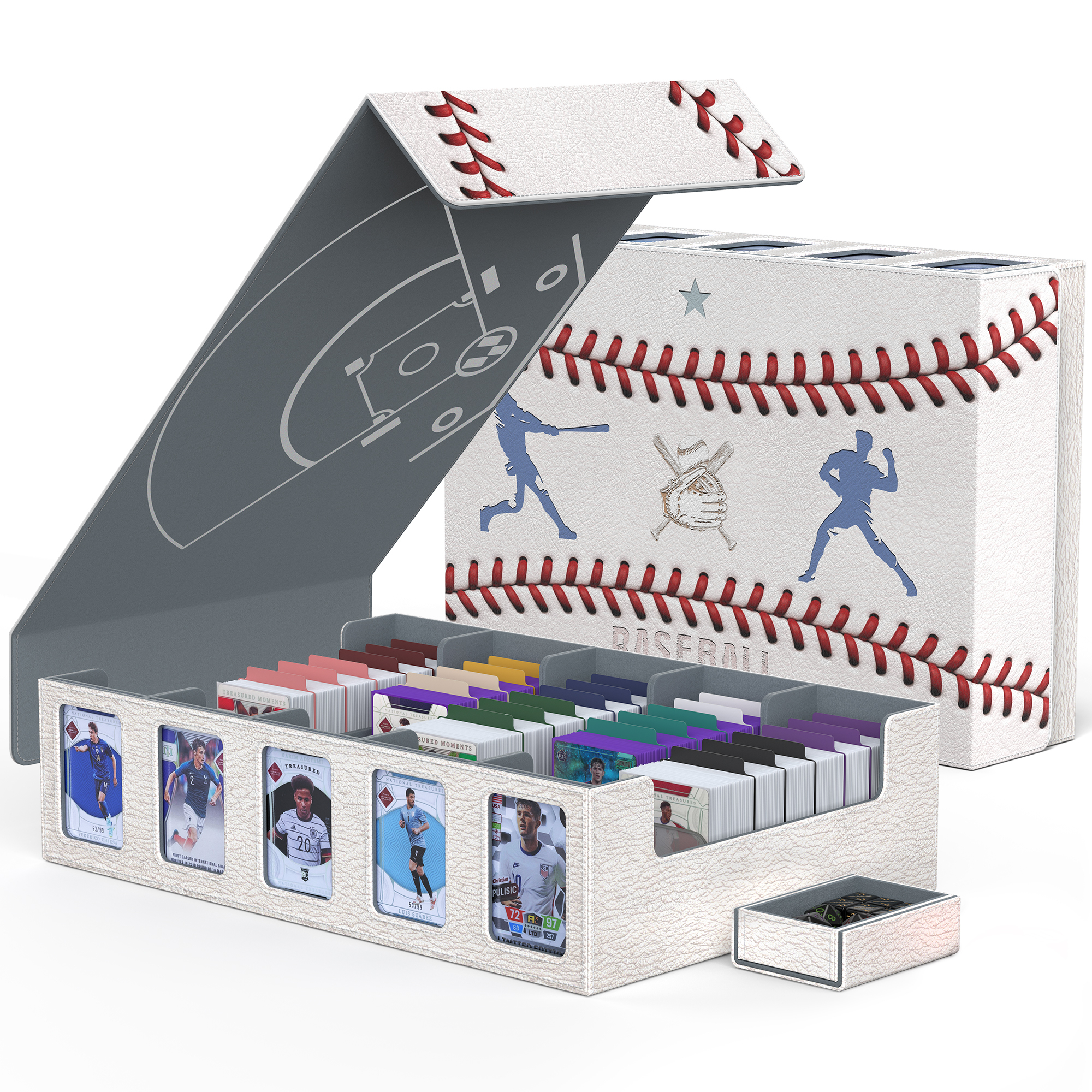 Trading Card Storage Box with Commander Display , 5-Row Deck Case with Removable Lid; 3900+ Card Deck Box for MTG TCG Sports Card, 5 Toploaders, 5 Stoppers, 48 Dividers,1 Dice Tray (Black Purple)