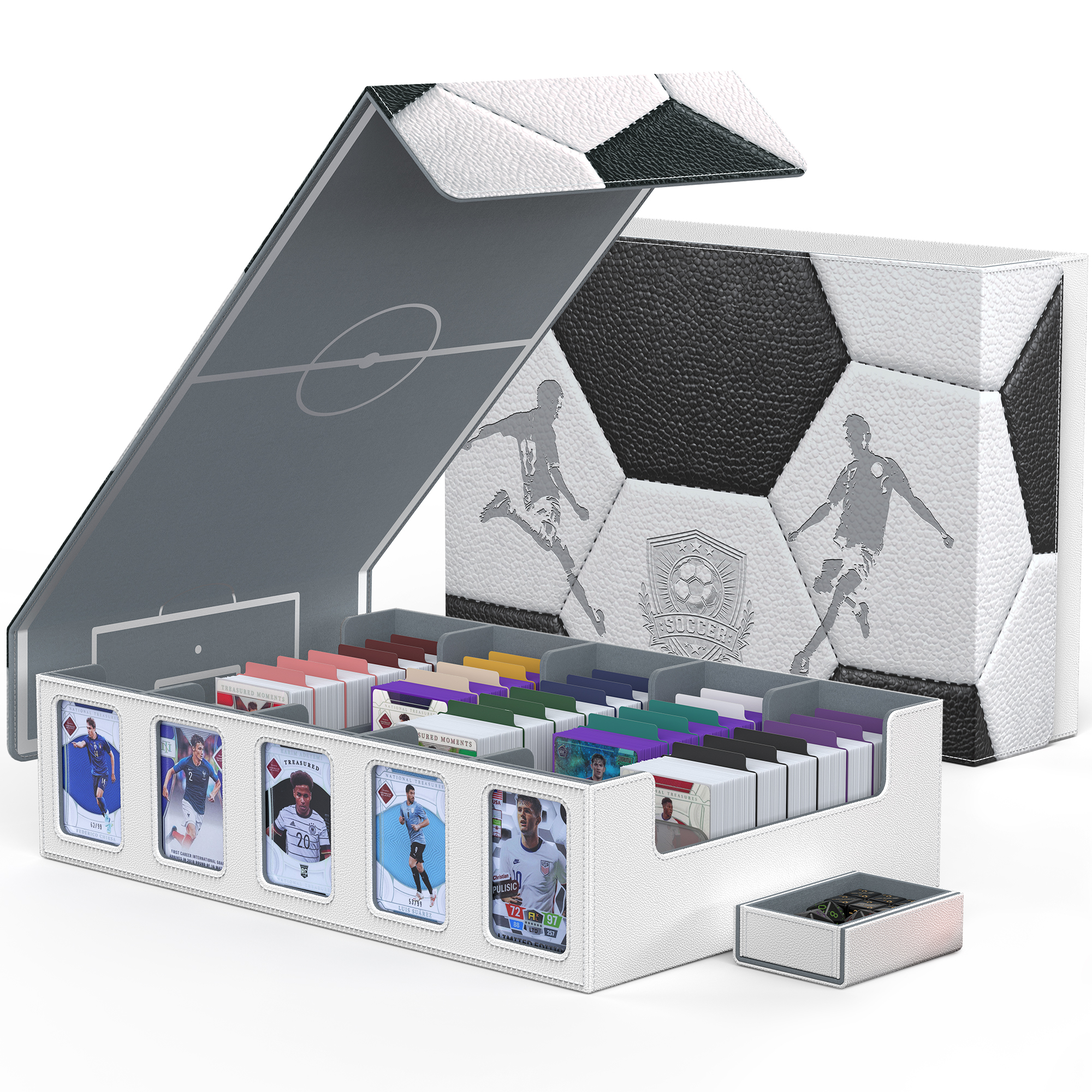 Trading Card Storage Box with Commander Display , 5-Row Deck Case with Removable Lid; 3900+ Card Deck Box for MTG TCG Sports Card, 5 Toploaders, 5 Stoppers, 48 Dividers,1 Dice Tray (Black Purple)