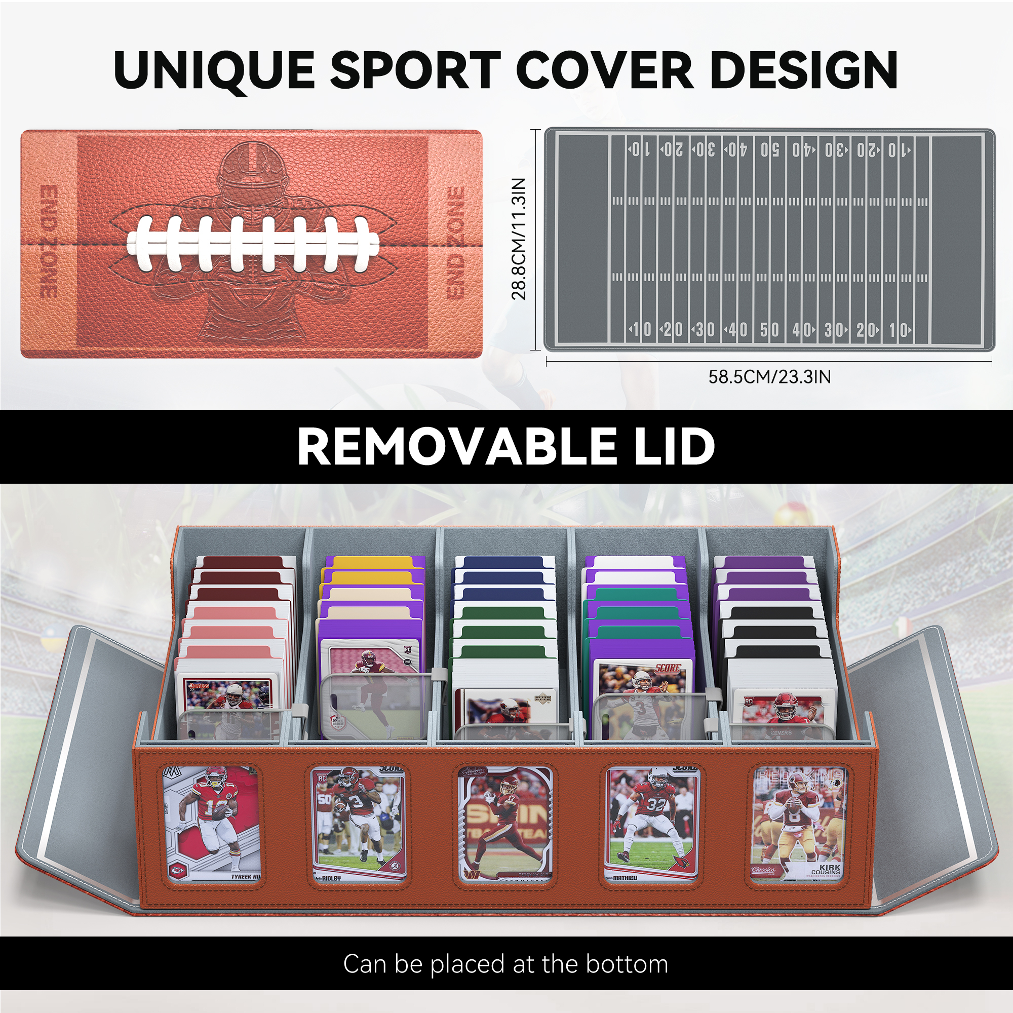 Trading Card Storage Box with Commander Display , 5-Row Deck Case with Removable Lid; 3900+ Card Deck Box for MTG TCG Sports Card, 5 Toploaders, 5 Stoppers, 48 Dividers,1 Dice Tray (Black Purple)