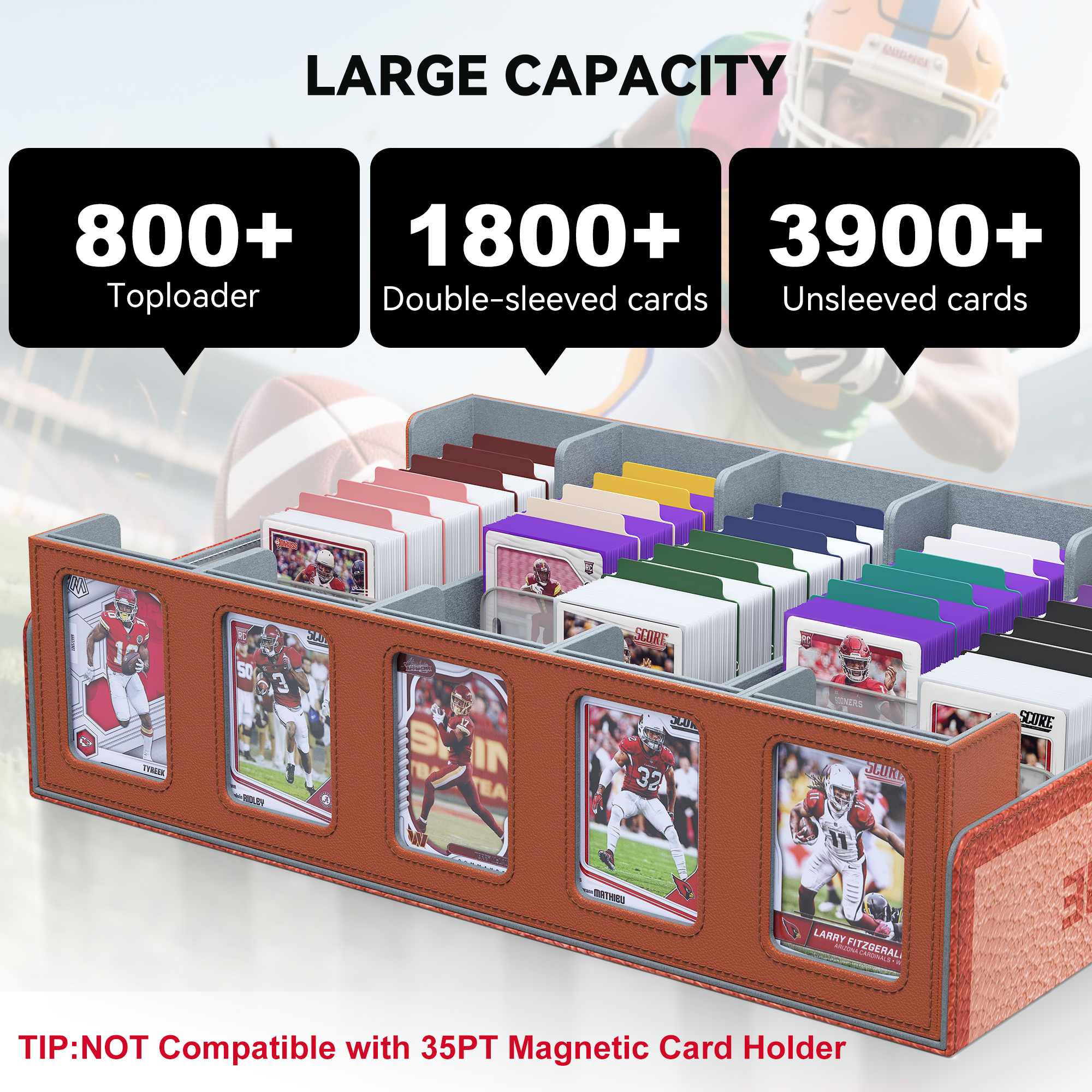 Trading Card Storage Box with Commander Display , 5-Row Deck Case with Removable Lid; 3900+ Card Deck Box for MTG TCG Sports Card, 5 Toploaders, 5 Stoppers, 48 Dividers,1 Dice Tray (Black Purple)