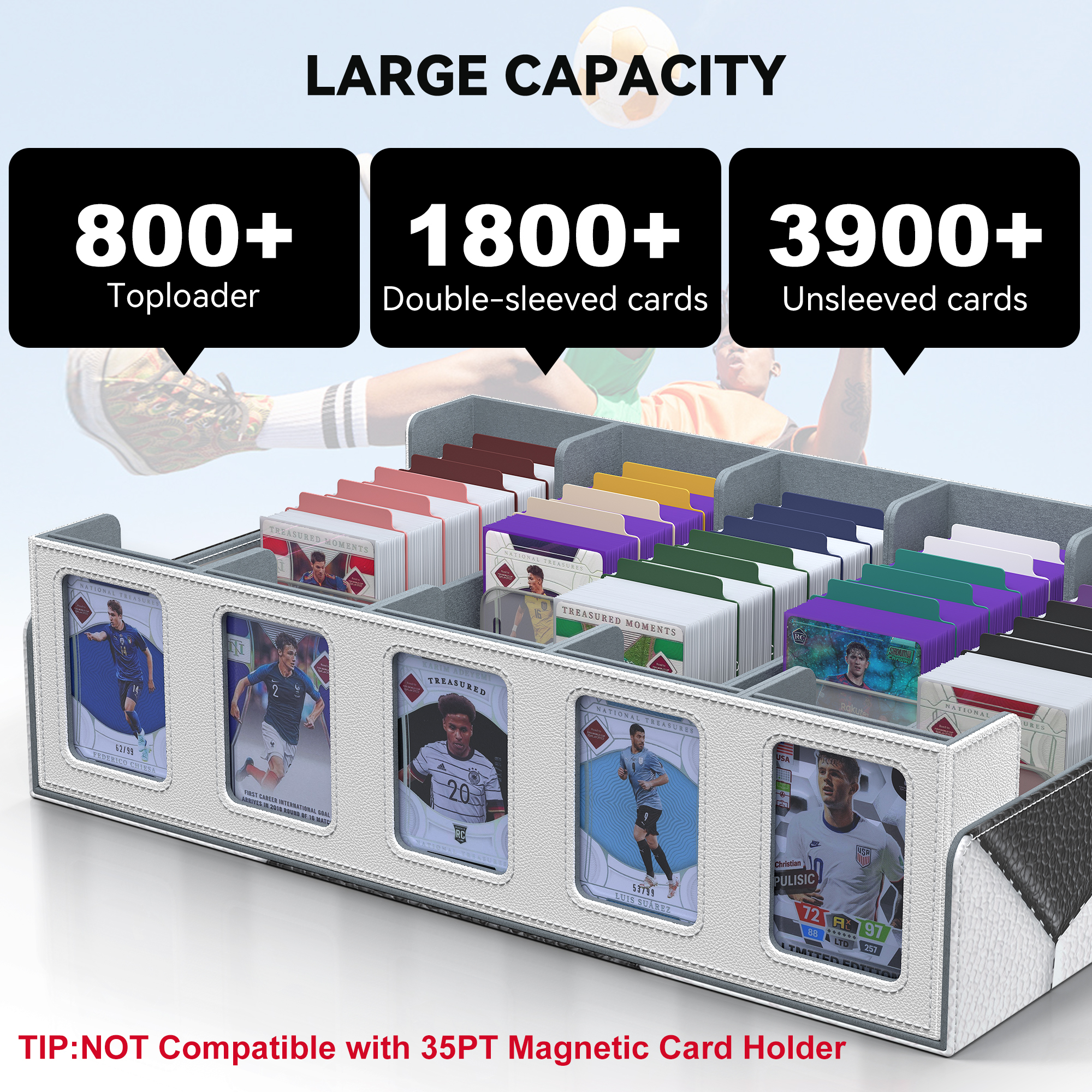 Trading Card Storage Box with Commander Display , 5-Row Deck Case with Removable Lid; 3900+ Card Deck Box for MTG TCG Sports Card, 5 Toploaders, 5 Stoppers, 48 Dividers,1 Dice Tray (Black Purple)