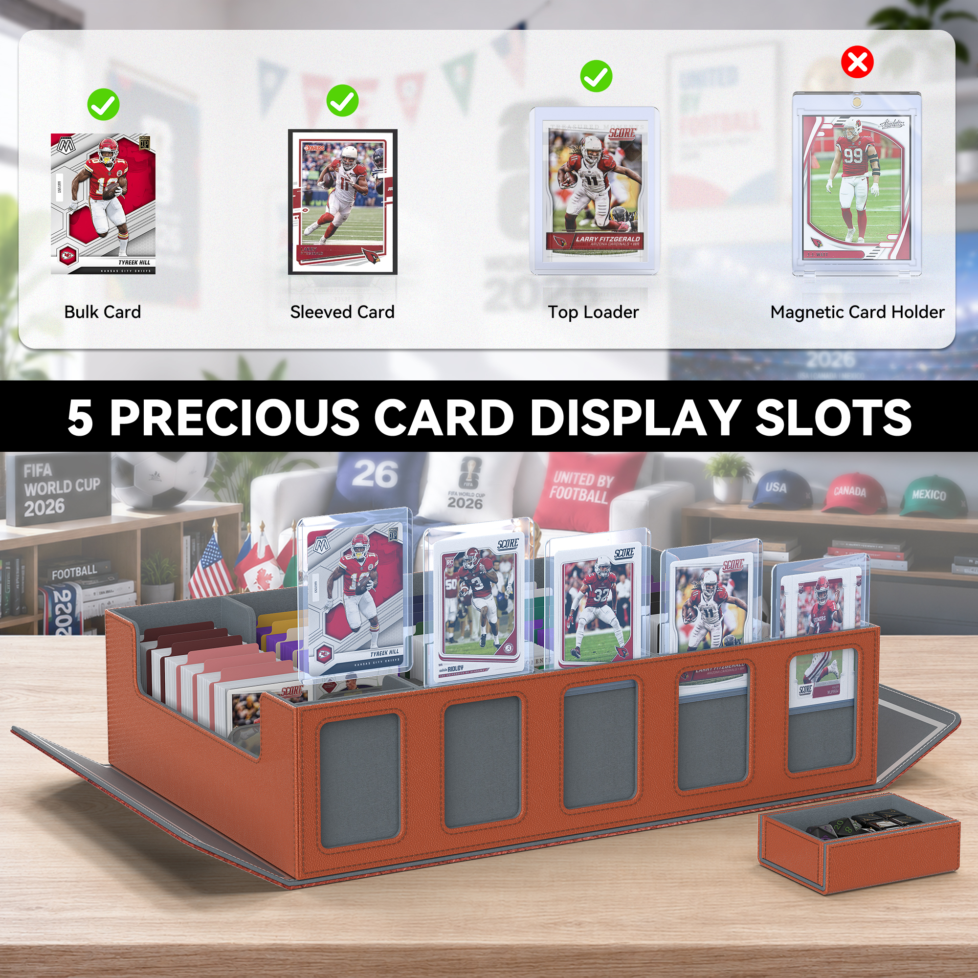 Trading Card Storage Box with Commander Display , 5-Row Deck Case with Removable Lid; 3900+ Card Deck Box for MTG TCG Sports Card, 5 Toploaders, 5 Stoppers, 48 Dividers,1 Dice Tray (Black Purple)
