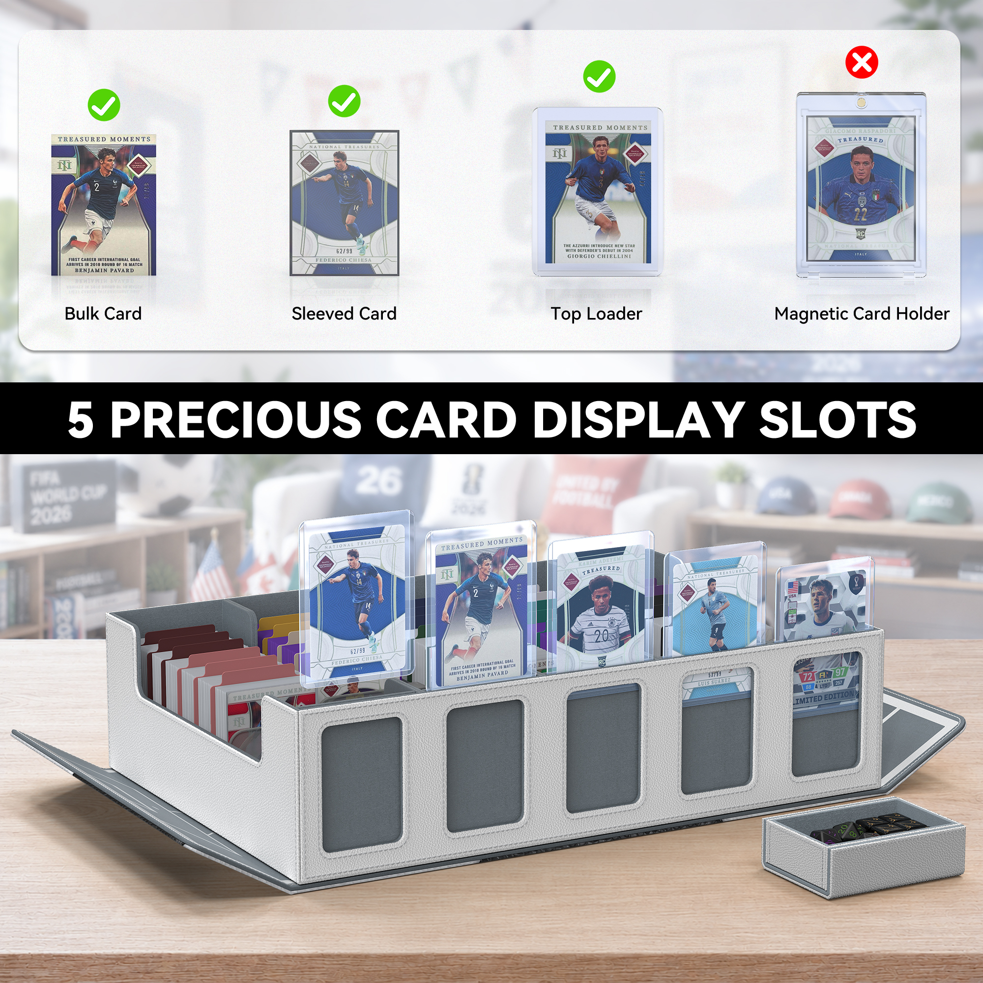 Trading Card Storage Box with Commander Display , 5-Row Deck Case with Removable Lid; 3900+ Card Deck Box for MTG TCG Sports Card, 5 Toploaders, 5 Stoppers, 48 Dividers,1 Dice Tray (Black Purple)