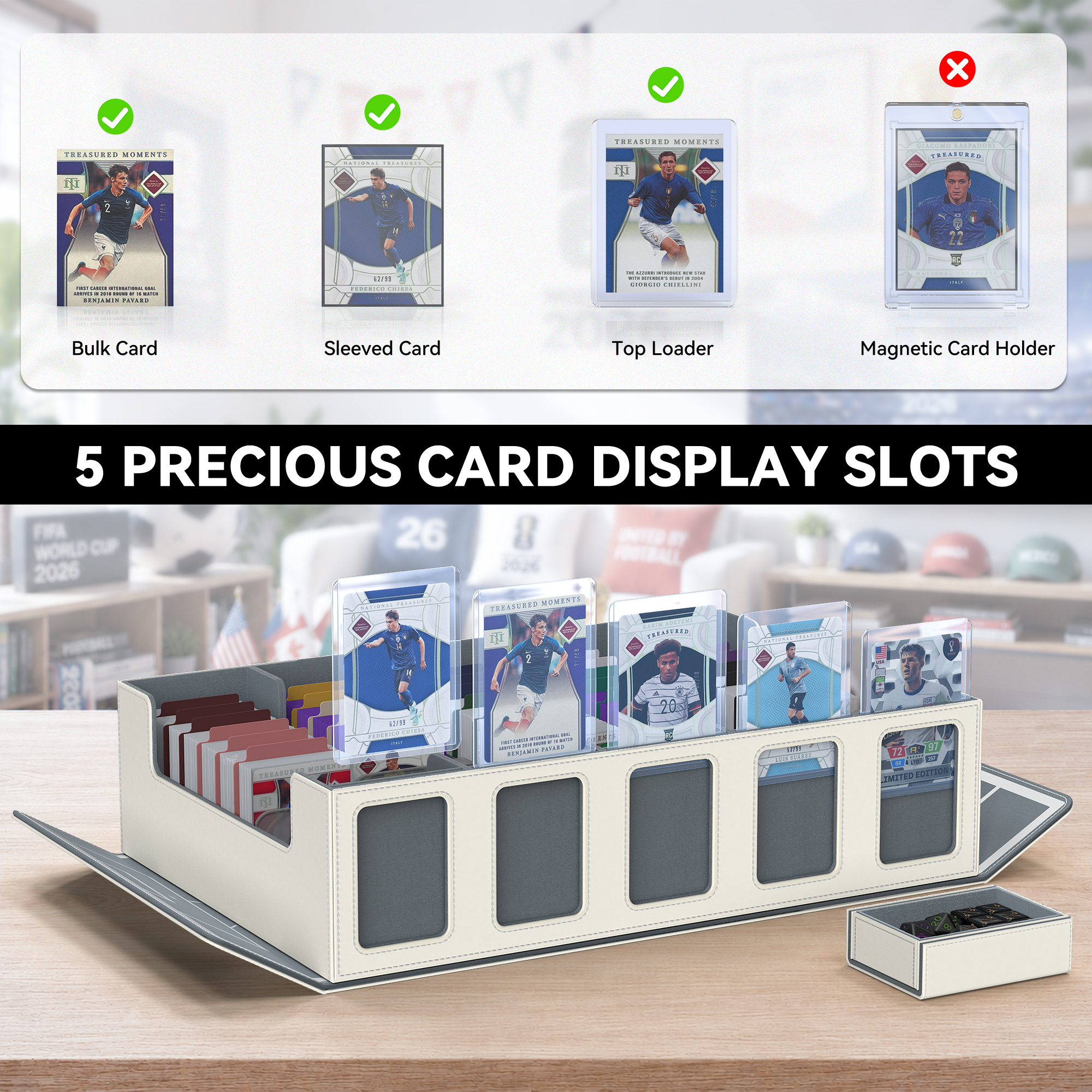 Trading Card Storage Box with Commander Display , 5-Row Deck Case with Removable Lid; 3900+ Card Deck Box for MTG TCG Sports Card, 5 Toploaders, 5 Stoppers, 48 Dividers,1 Dice Tray (Black Purple)