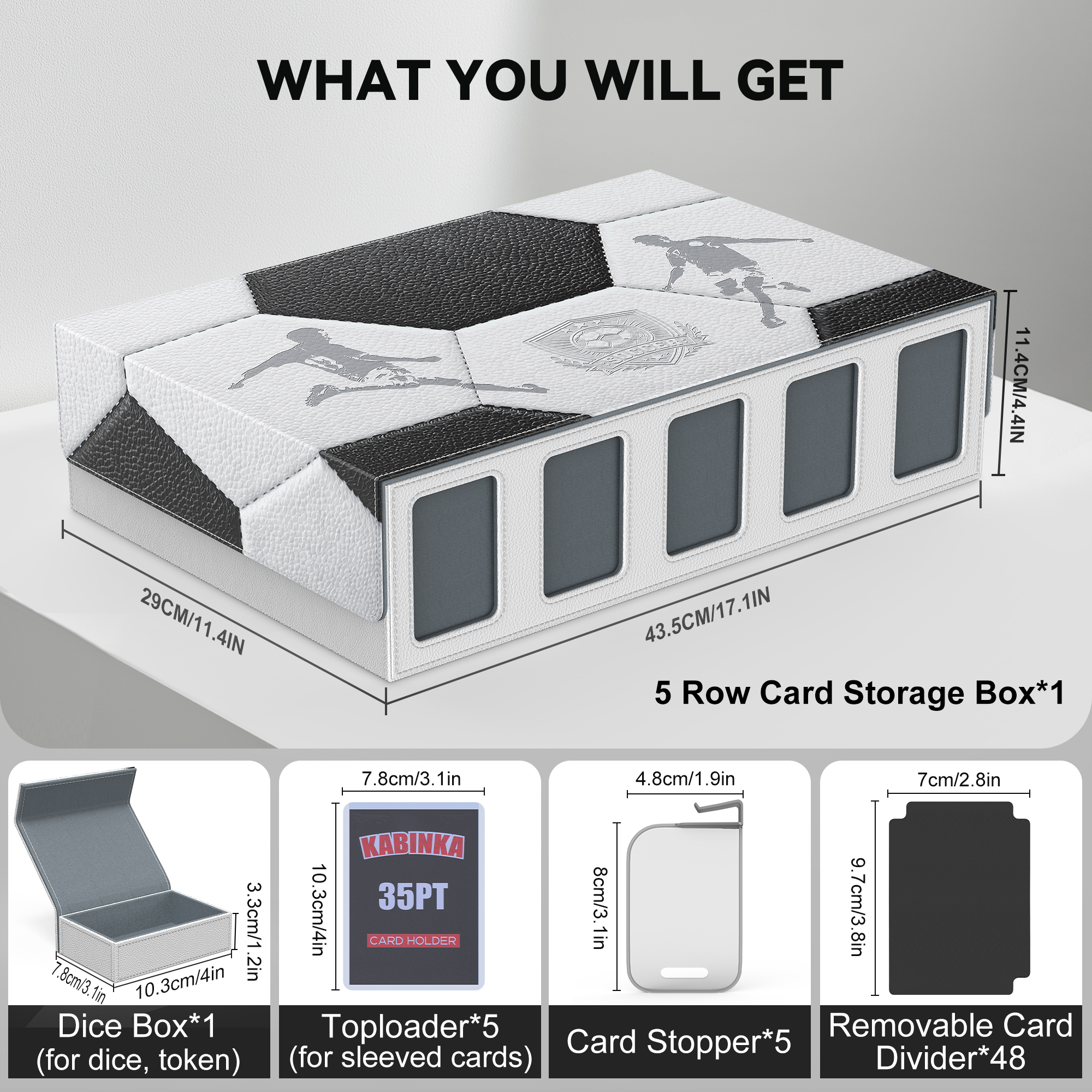 Trading Card Storage Box with Commander Display , 5-Row Deck Case with Removable Lid; 3900+ Card Deck Box for MTG TCG Sports Card, 5 Toploaders, 5 Stoppers, 48 Dividers,1 Dice Tray (Black Purple)