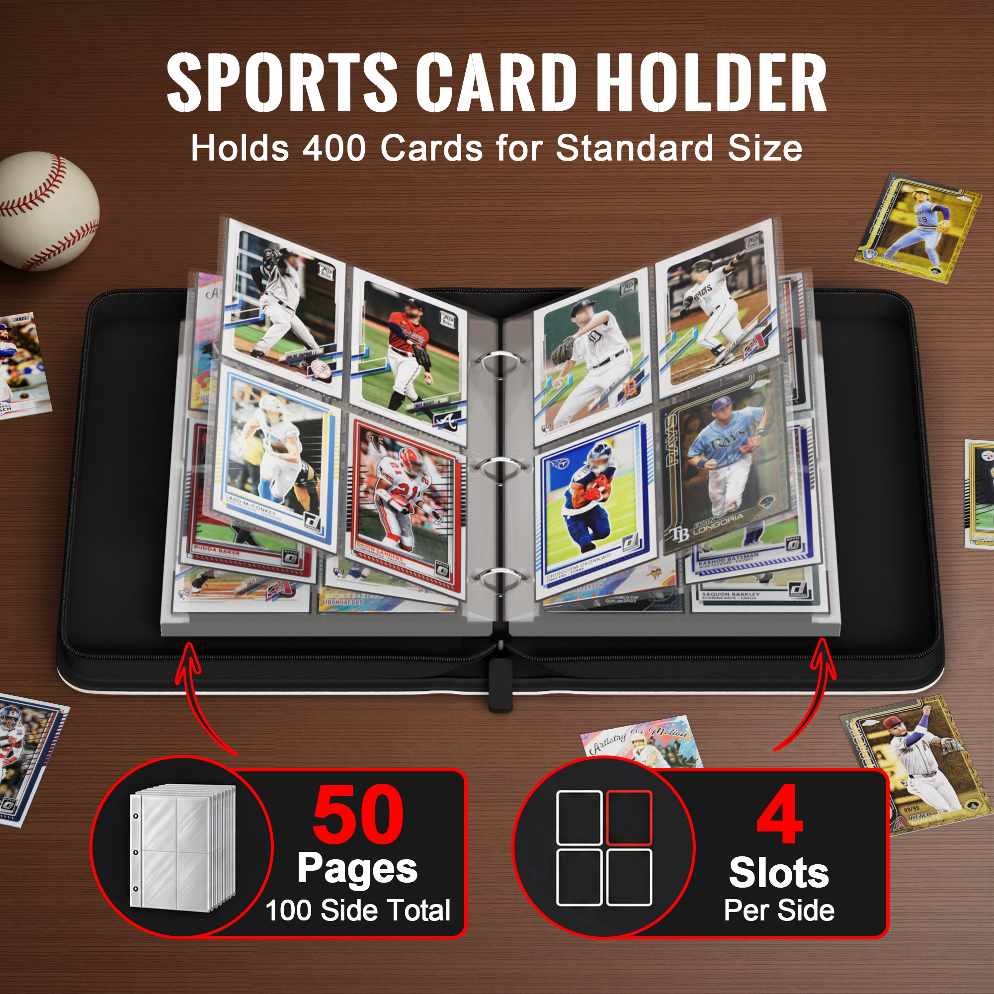Kabinka 4 Pocket Baseball Card Binder, 400 Standard Cards Sports Card Binder with Zipper, Protective Trading Card Binder Collector Organizer for Baseball Sports Cards TCG (Baseball 1)