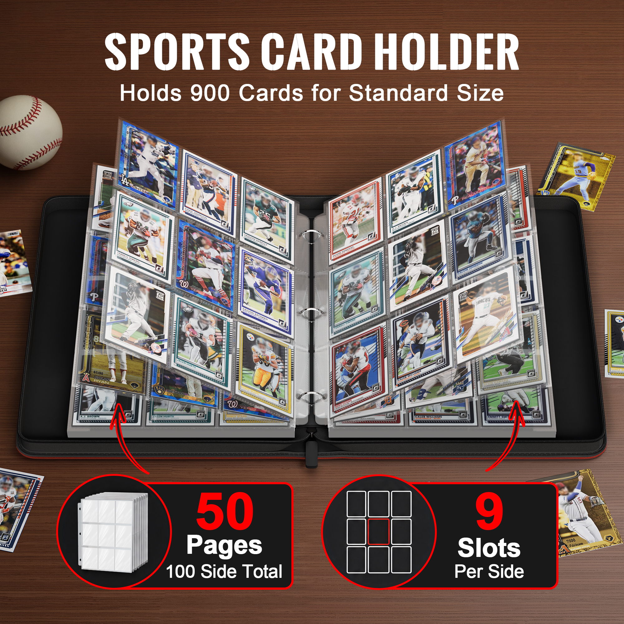 Kabinka 9 Pocket Baseball Card Binder, 900 Standard Cards Sports Card Binder with Zipper, Protective Trading Card Binder Collector Organizer for Baseball Sports Cards TCG (Baseball 2)