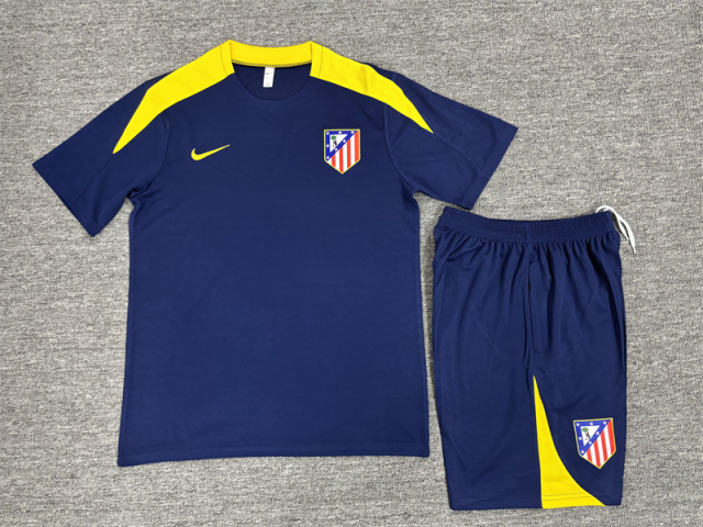 25-26 Short sleeved Atletico Madrid blue training suit for kids+adults set