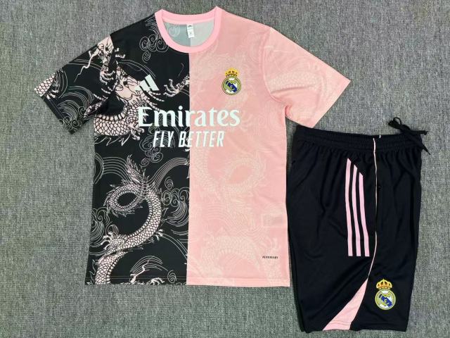 25-26 Short sleeved Real Madrid Black Pink [Special Edition] Kids+Adult Set