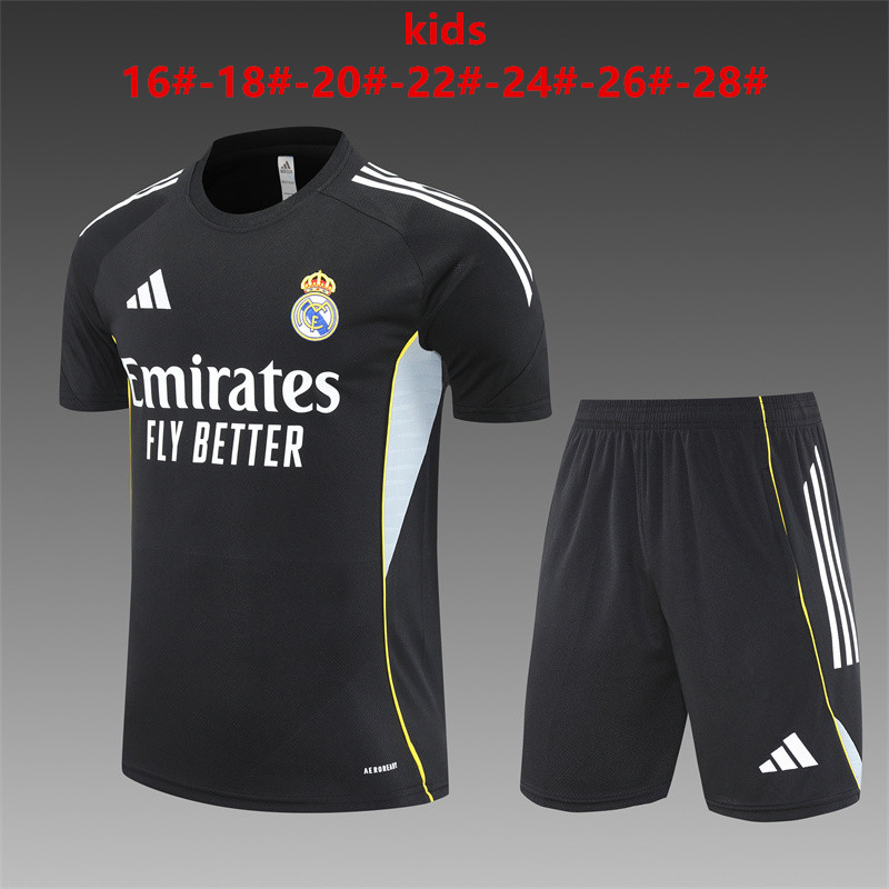 25-26 Short sleeved Real Madrid Black Kids+Adult Set
