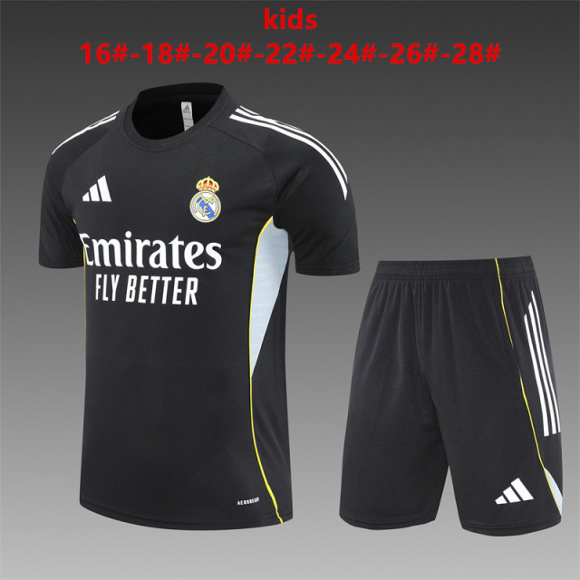 25-26 Short sleeved Real Madrid Black Kids+Adult Set