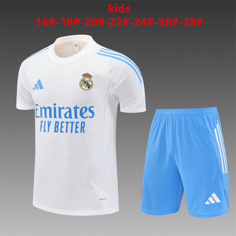 25-26 Short sleeved Real Madrid White with Light Blue Kids+Adult Set