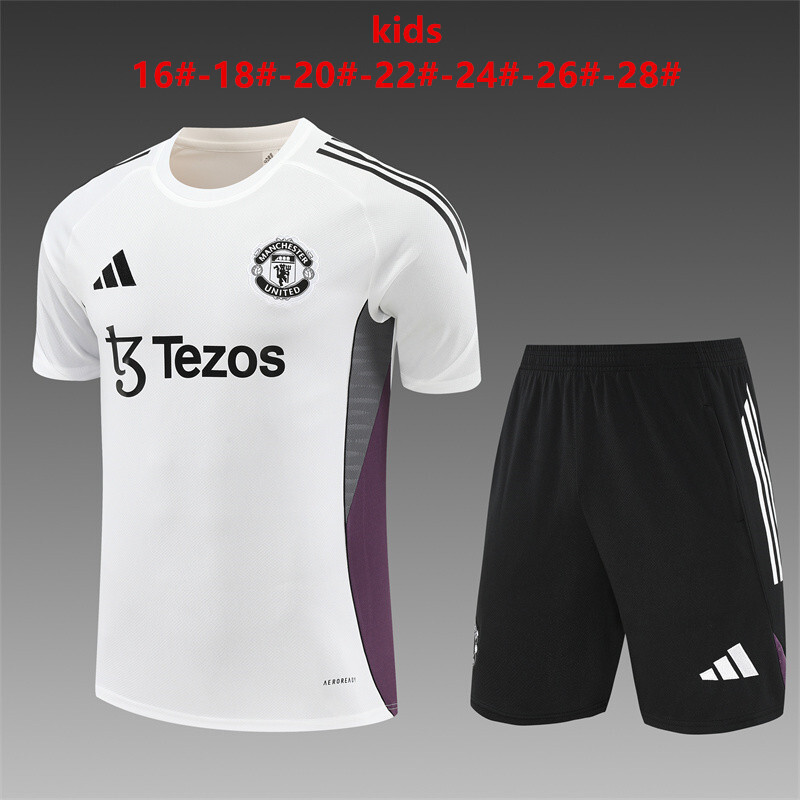 25-26 short sleeved Manchester United white with purple kids+adult training uniform
