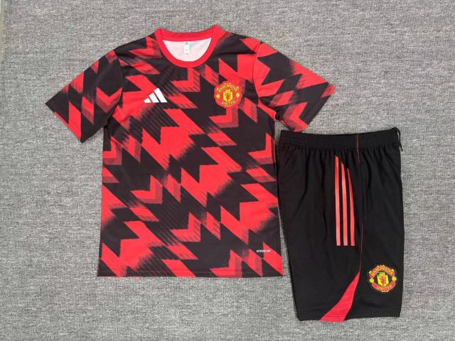 25-26 Short sleeved Manchester United Red and Black Camo Style Kids+Adult Training Uniform