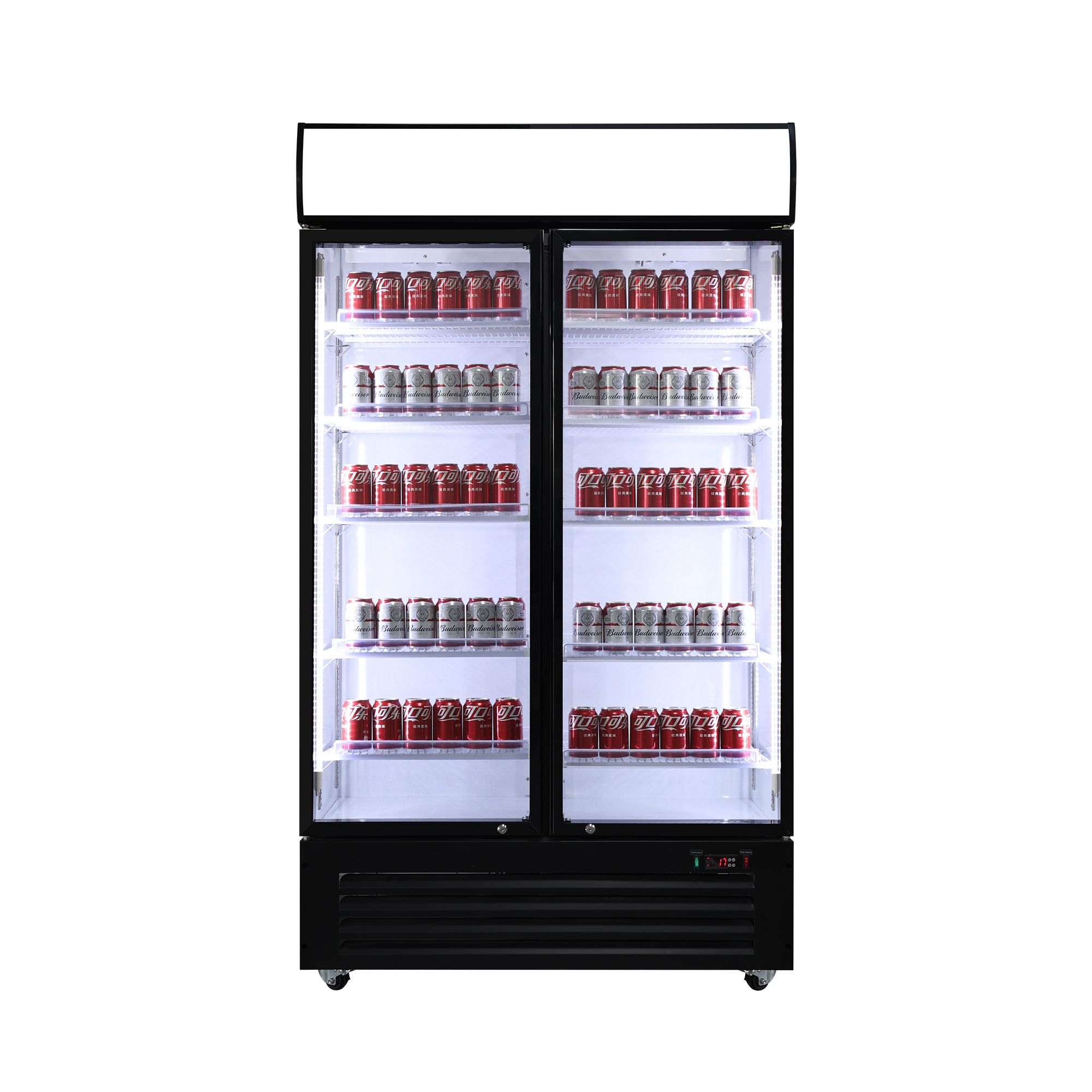 Commercial Double Glass Door Beverage Cooler with Top Lighting Box