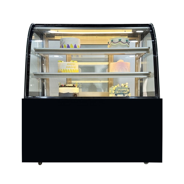 Curved Glass Design Commercial Cake Showcase with Black marble/Stainless Steel Base