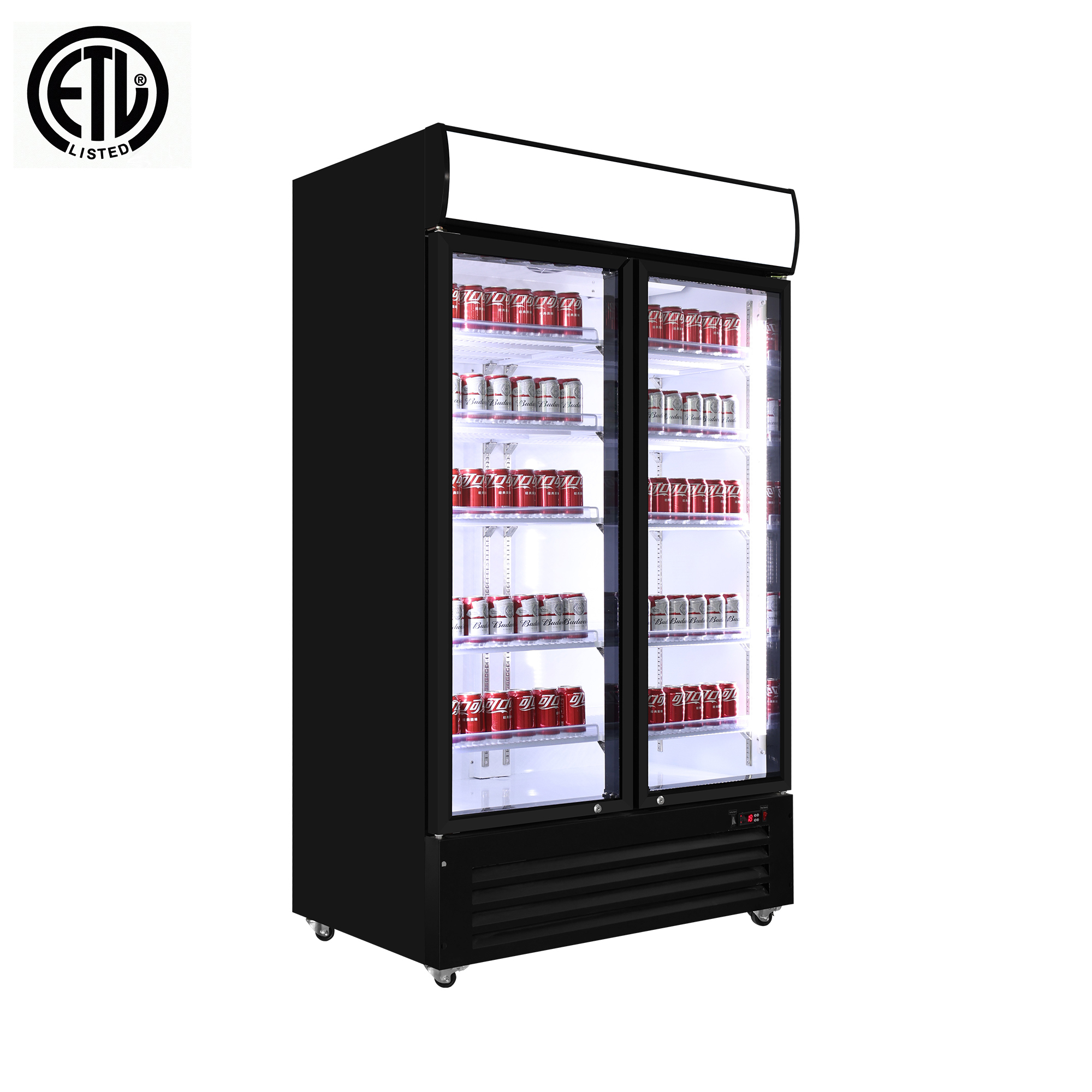 Commercial Double Glass Door Beverage Cooler with Top Lighting Box