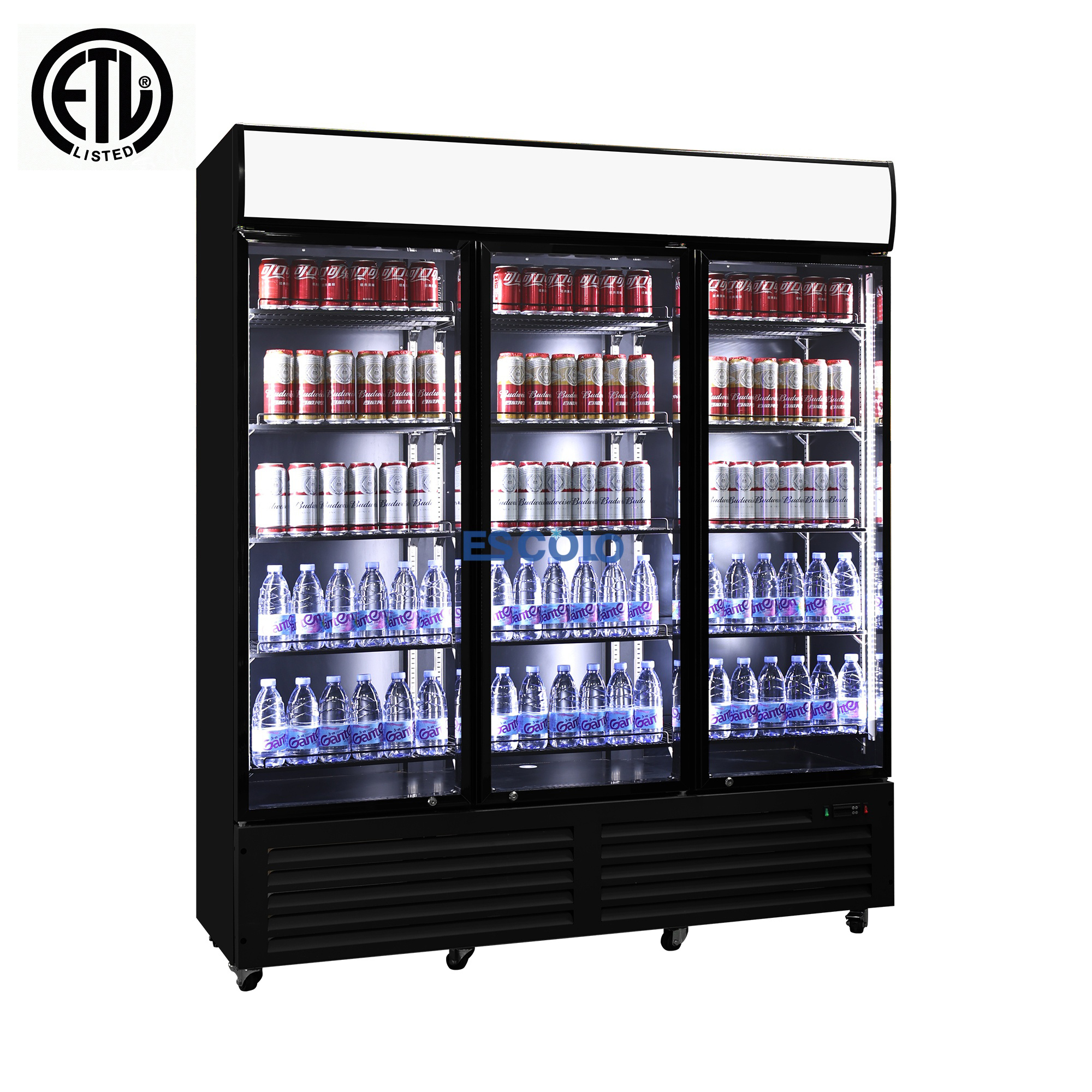Three Glass Door Beverage Cooler with Fan Cooling and Digital Temperature Control for Supermarket Use