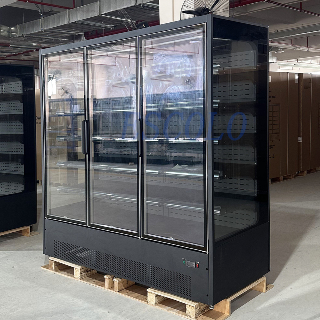 Black Color Painted Steel Open Chiller with Self Closing Glass Door