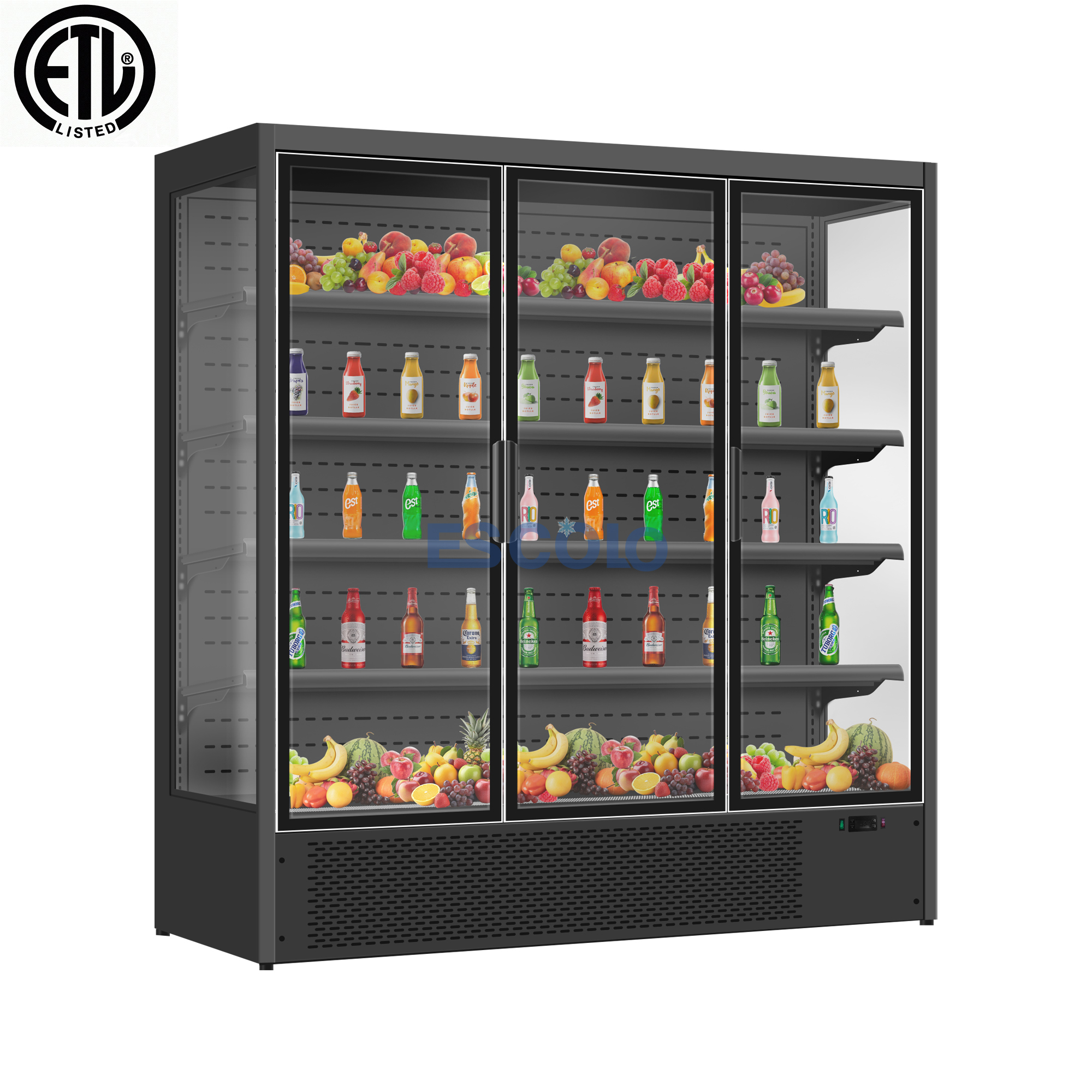 Black Color Painted Steel Open Chiller with Self Closing Glass Door