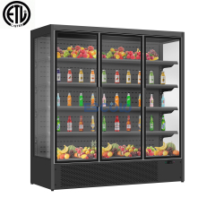 Black Color Painted Steel Open Chiller with Self Closing Glass Door