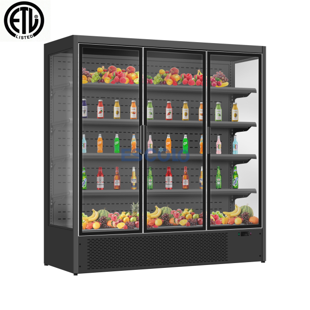 Black Color Painted Steel Open Chiller with Self Closing Glass Door
