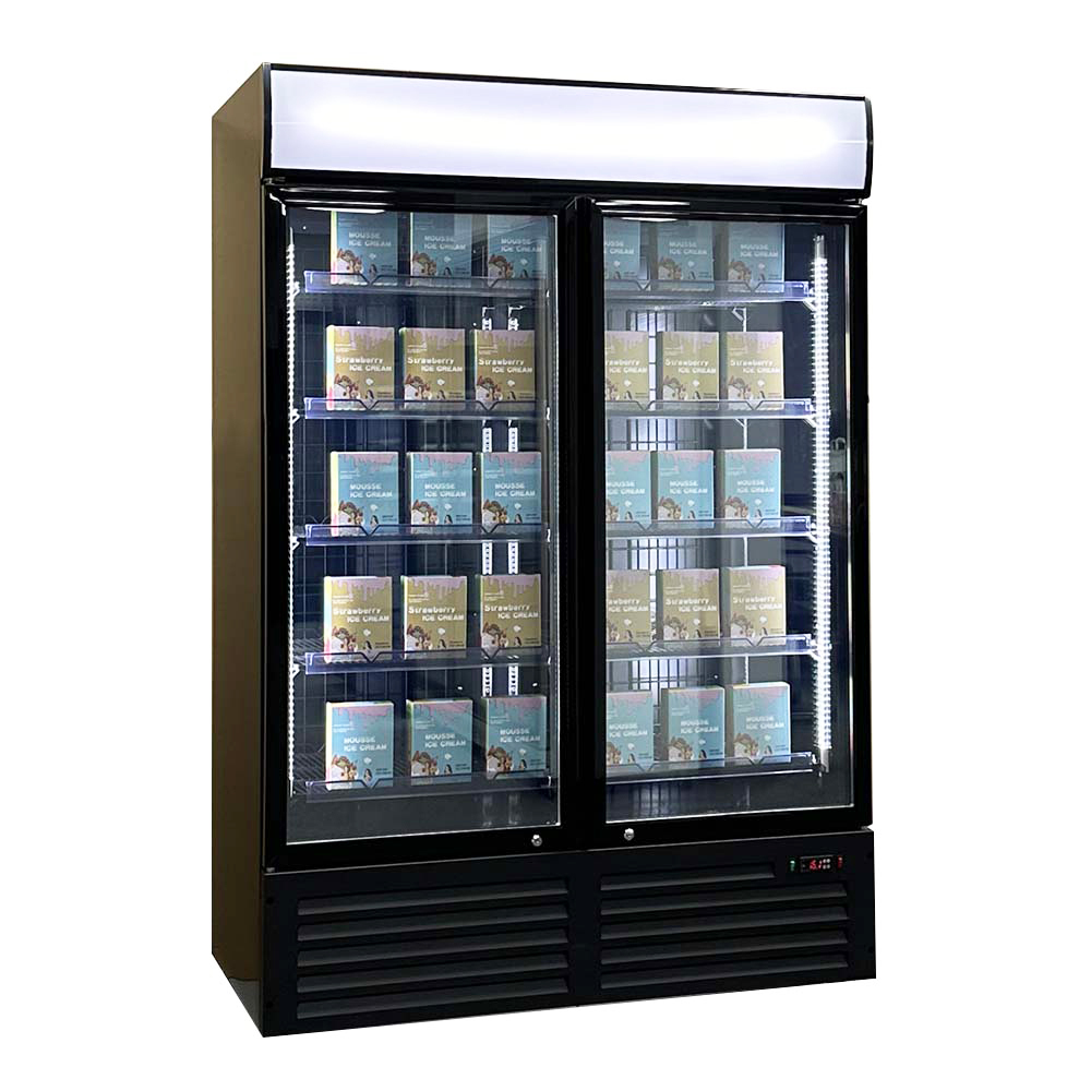 Double Door Commercial Refrigerator Freezer with Lightbox Glass Display Showcase