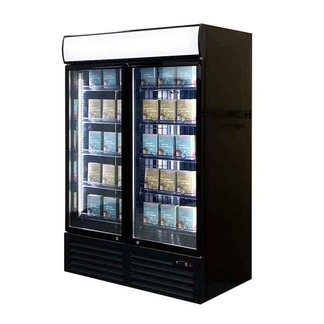 Upright retail cooler for frozen food and beverage storage
