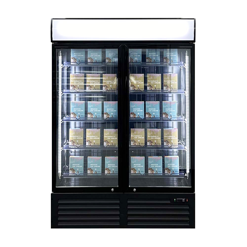 Upright retail cooler for frozen food and beverage storage