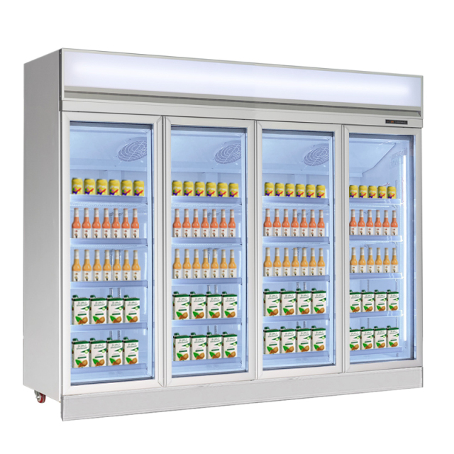 Four Door 2000L Glass Refrigerator Display Showcase Commercial Upright Cooler