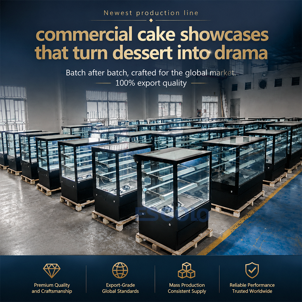 Commercial Rectangle Glass Design Cake Showcase with 2/3 Adjustable Shelves and LED Light