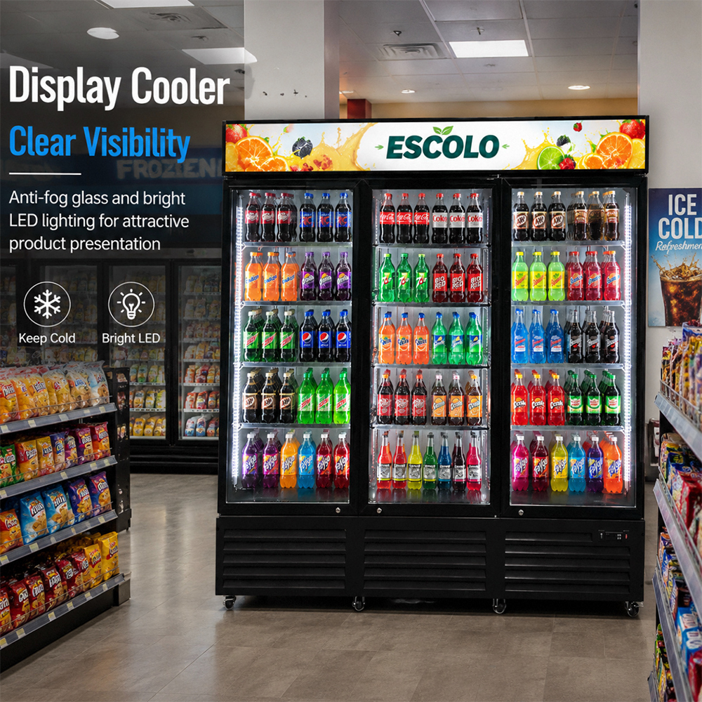 Commercial Upright Beverage Refrigeration Display Unit with Three Glass Doors for Retail Stores