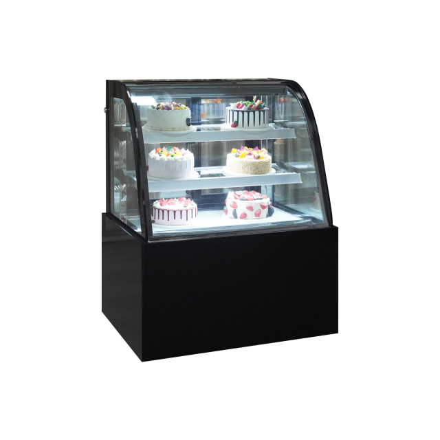 Curved Glass Design Commercial Cake Showcase with Black marble/Stainless Steel Base