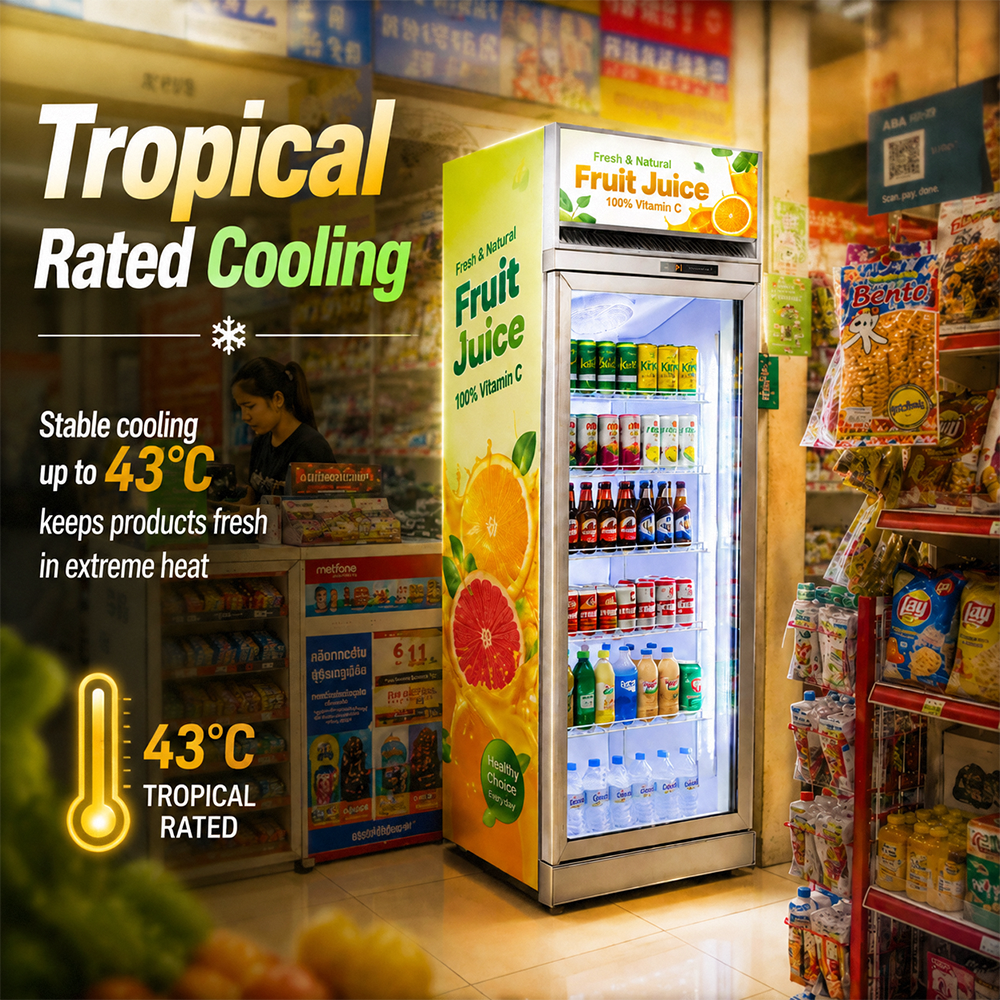 Glass Door Top Compressor Mounted Display Cooler with Canopy for Supermarket and Convenience Store Use