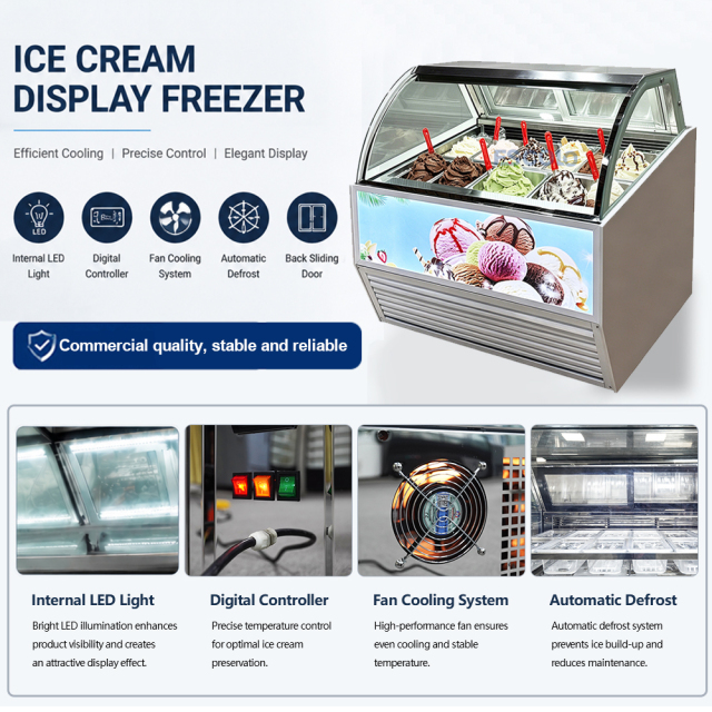 Commercial Ice Cream Freezer with Rectangle or Curved Glass Design Perfect for Ice Cream Showcase