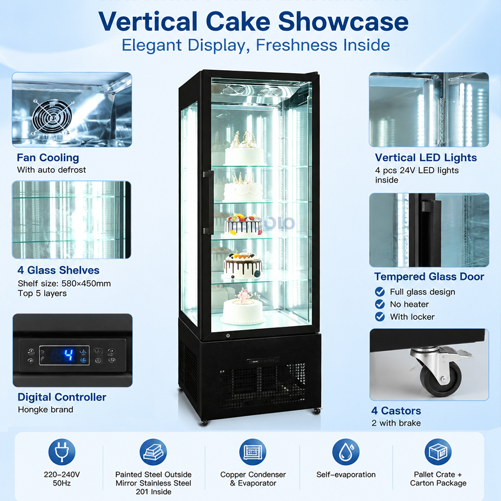 Premium Curved Glass Cake Display Counter with Marble Base & Warm LED, Stainless Steel Pastry Refrigerator