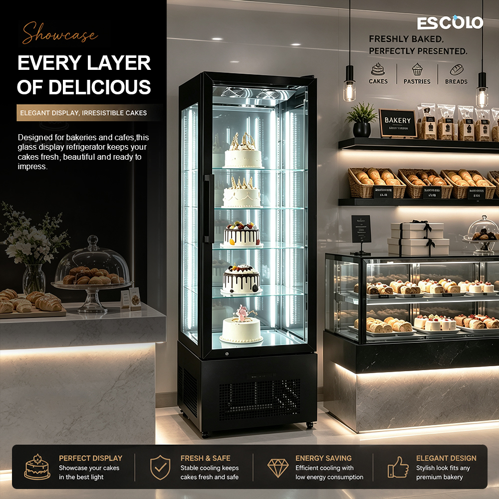 Premium Curved Glass Cake Display Counter with Marble Base & Warm LED, Stainless Steel Pastry Refrigerator