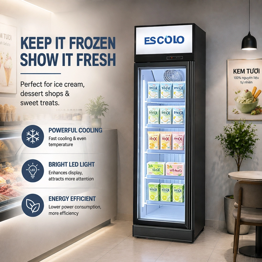 Cooling system and cabinet interior view of the ES-D620-1M-F frozen display cabinet