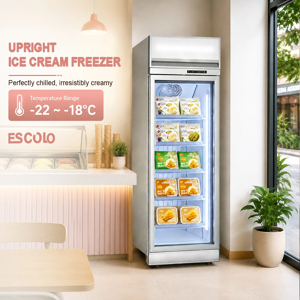 Glass door front and frame detail of the ES-D620-1M-F display freezer