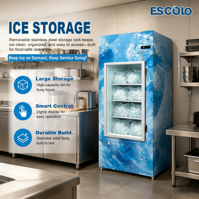 Upright Ice Storage Bin for Retail Shops with LED Lighting and Flexible Cooling