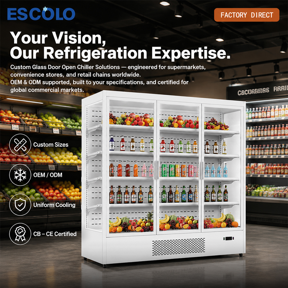 3-Door Refrigerated Display Case with LED Shelves for Easy Grocery Merchandising