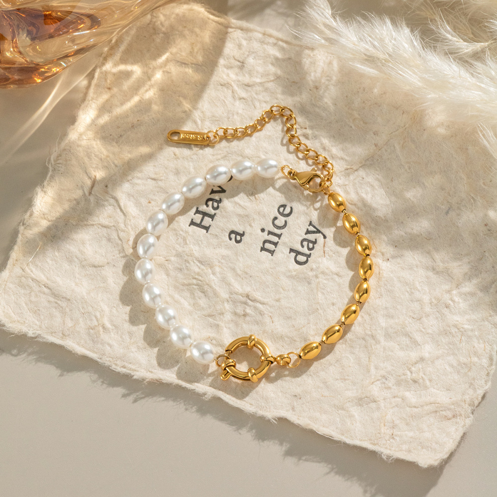 Stainless steel simple and versatile oval gold bead pearl bracelet elegant and non-fading jewelry accessory