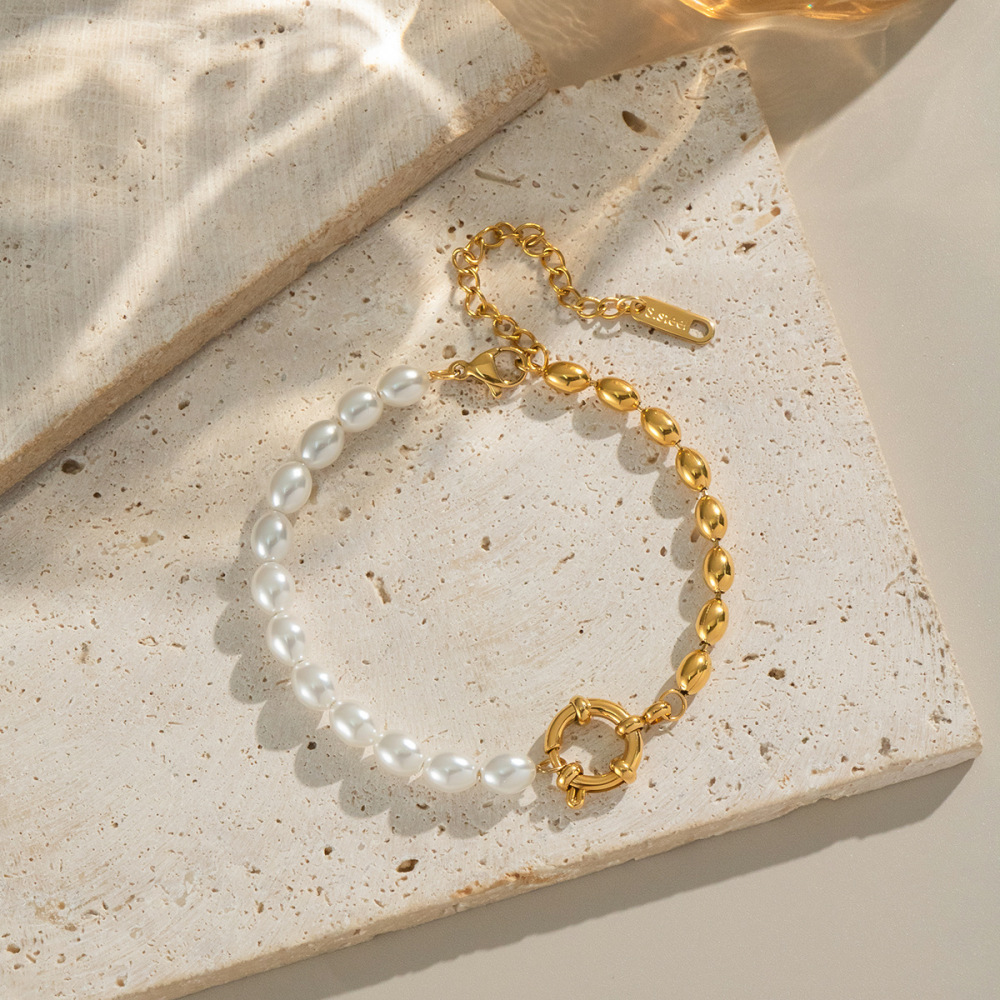 Stainless steel simple and versatile oval gold bead pearl bracelet elegant and non-fading jewelry accessory