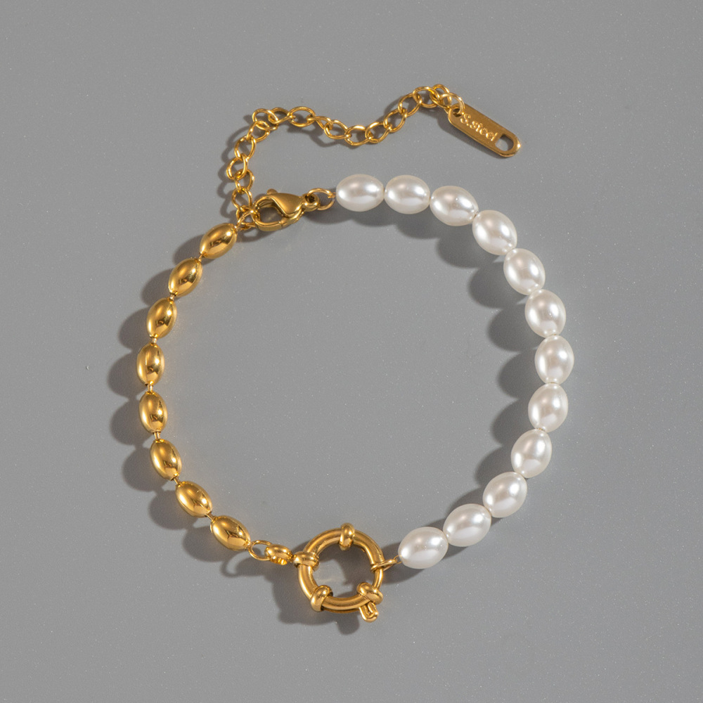 Stainless steel simple and versatile oval gold bead pearl bracelet elegant and non-fading jewelry accessory