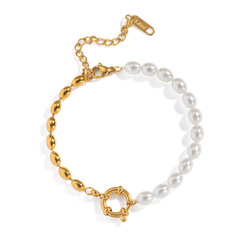 Stainless steel simple and versatile oval gold bead pearl bracelet elegant and non-fading jewelry accessory