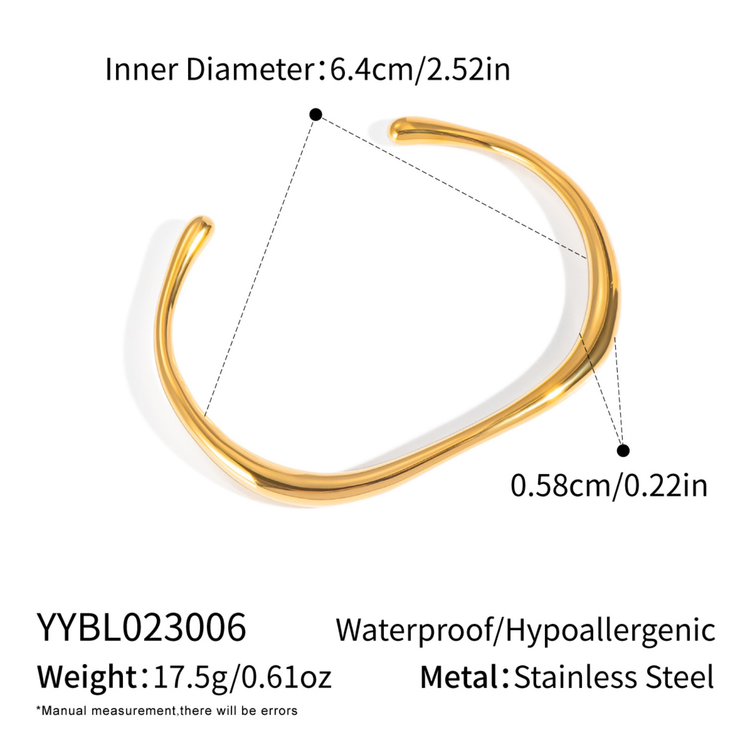 Stainless steel bangle handcrafted fine-polished irregular C-shaped bracelet with PVD plating