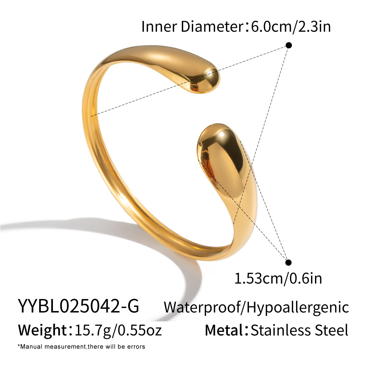 Stainless steel bangle handcrafted fine-polished irregular C-shaped bracelet with PVD plating