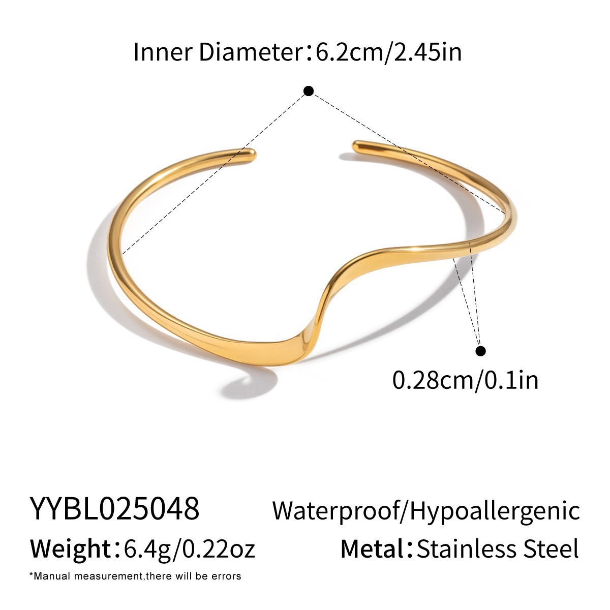 Stainless steel bangle handcrafted fine-polished irregular C-shaped bracelet with PVD plating